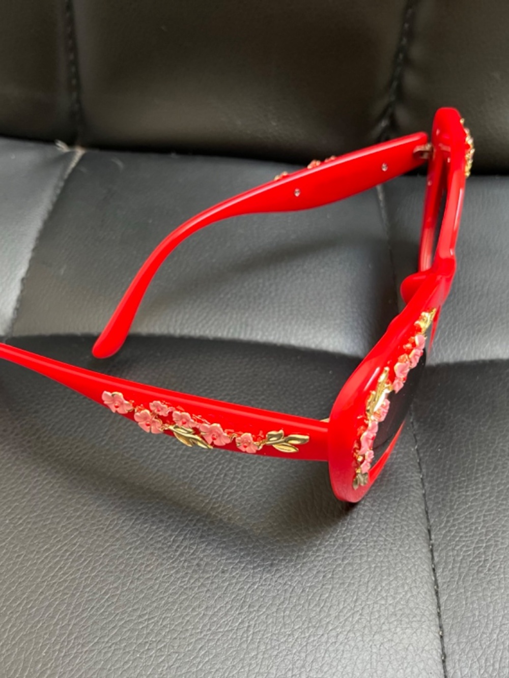 Red Plastic Cat Eye Sunglasses w/ Pink & Gold Flower Design - Picture 3 of 3